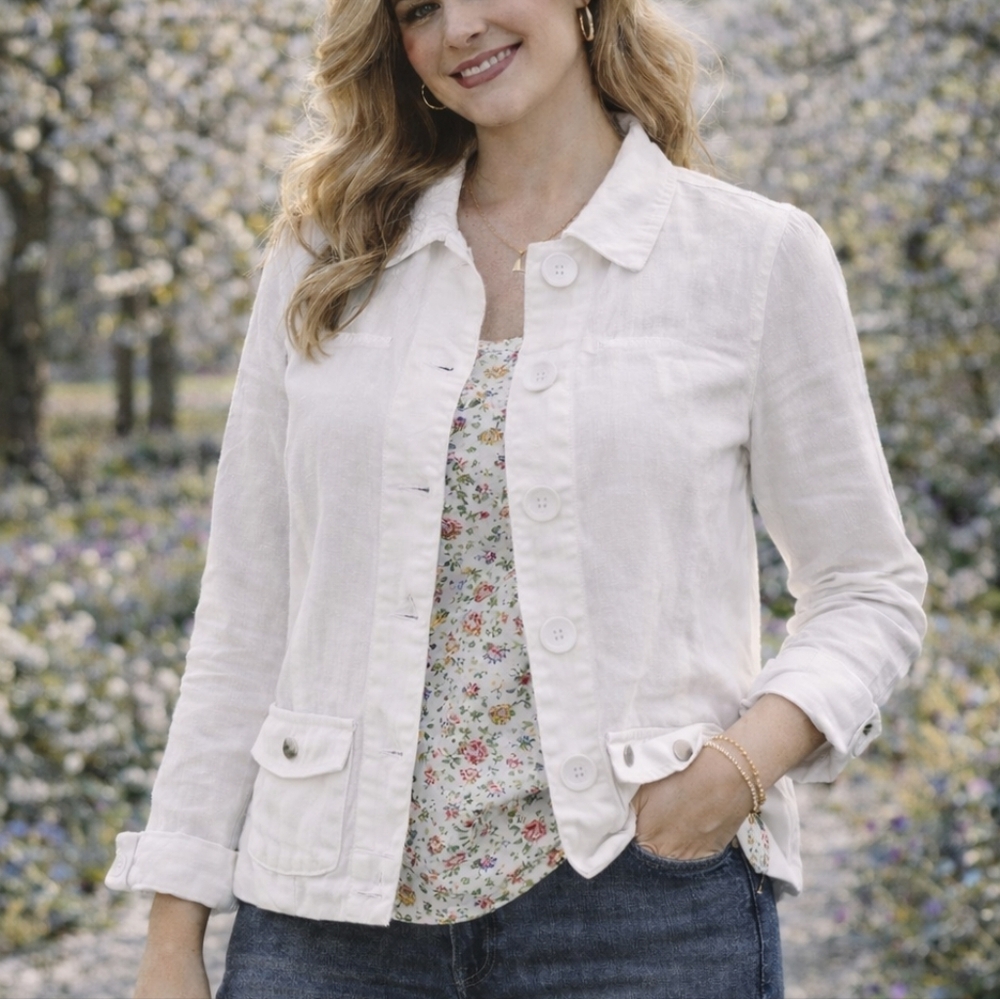 CABI | White Linen Spring‎ Summer Jacket Metal Button Vacation Resortwear | S